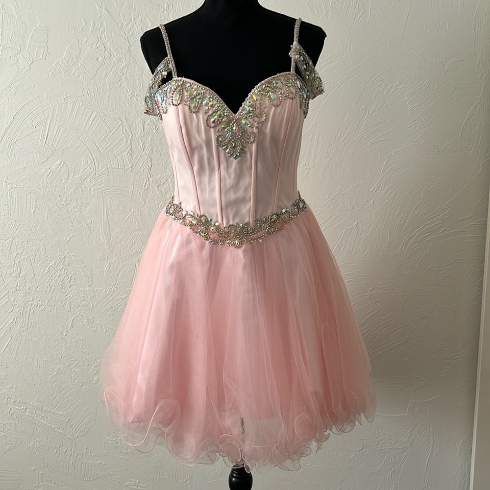 Off-shoulder beaded corset baby pink dress